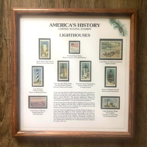 USPS Stamp Art Framed History of USA Lighthouse Stamps Wood Glass Nautical Decor - Picture 2 of 9